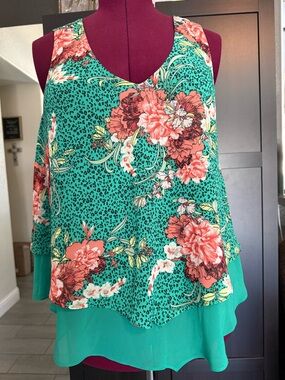 torrid Green Floral Layered Camisole with Coral Blooms